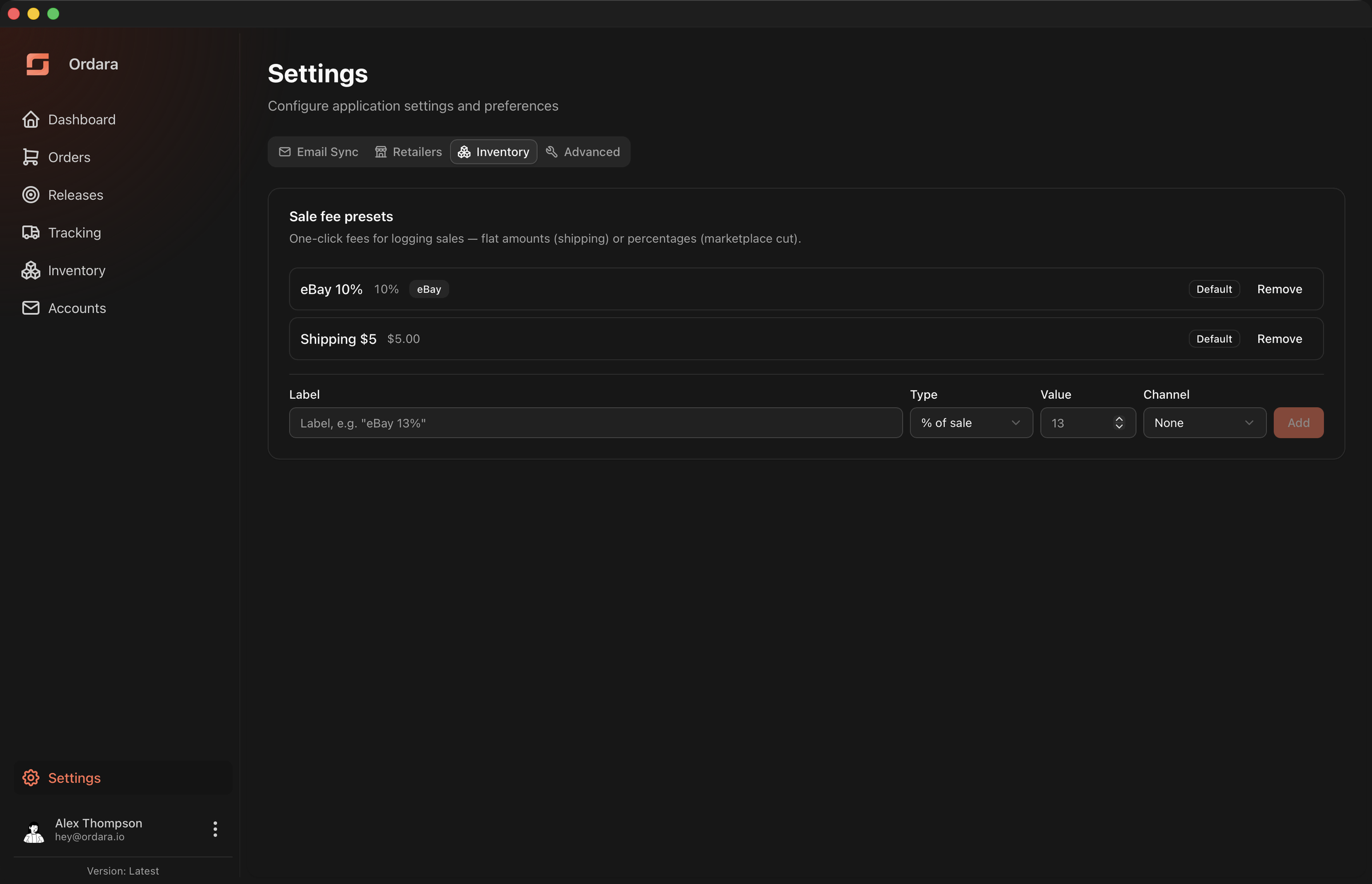 Fee presets