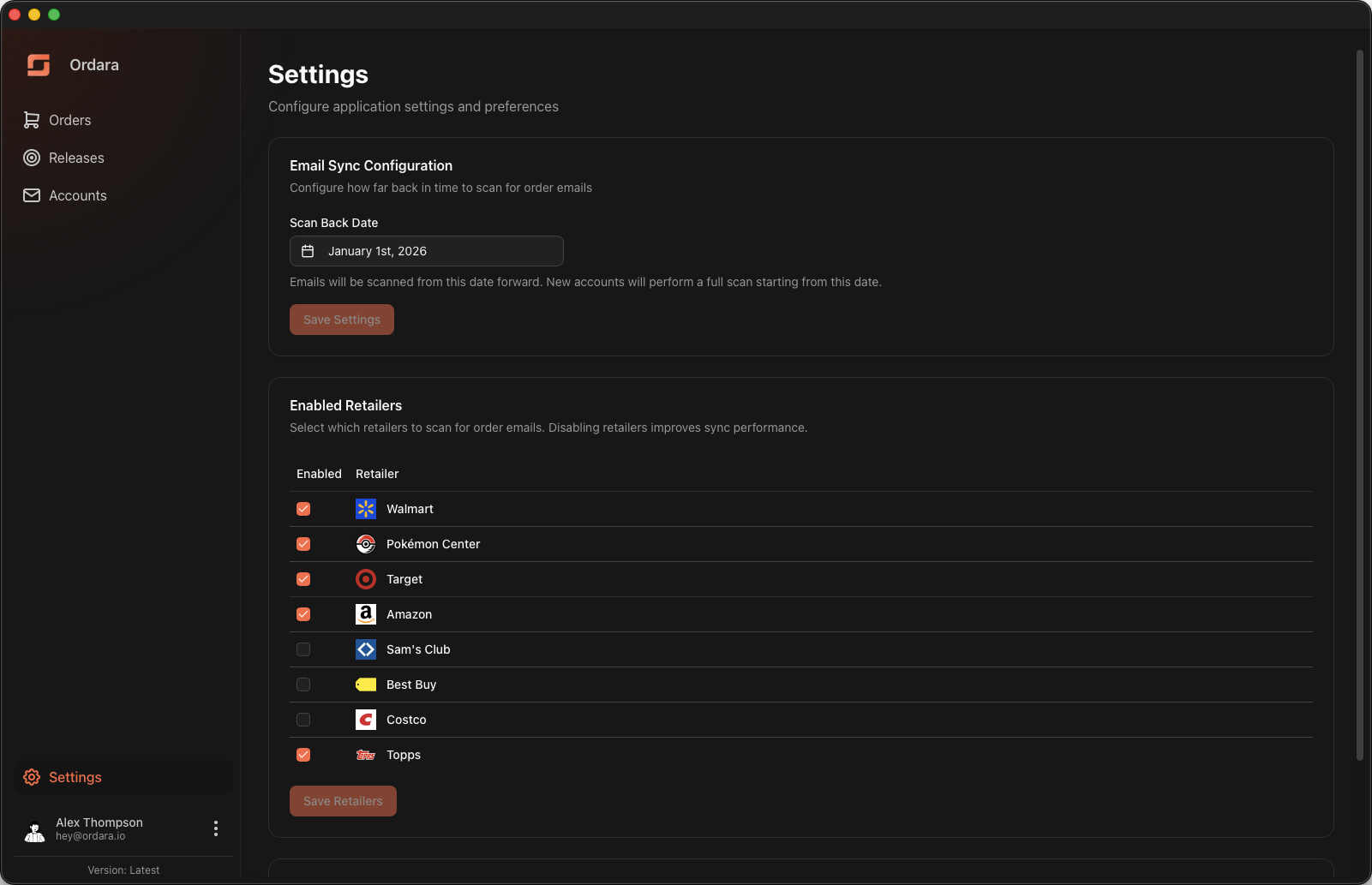 Settings page