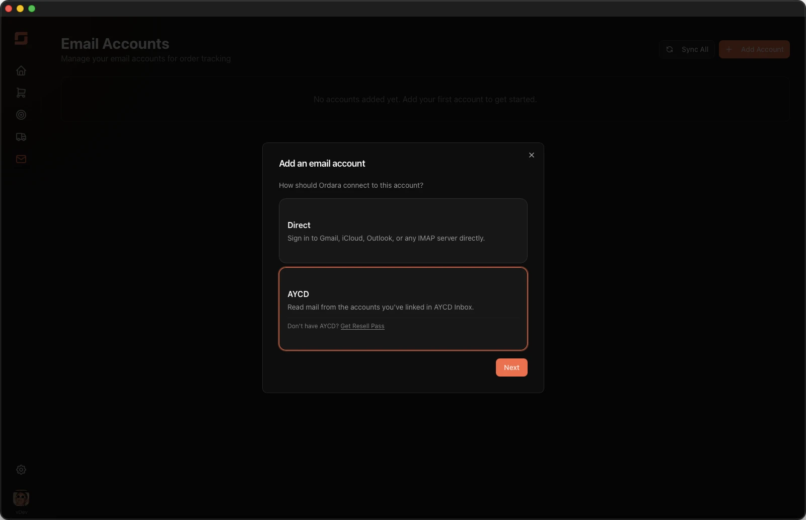 Wizard: choose Direct or AYCD
