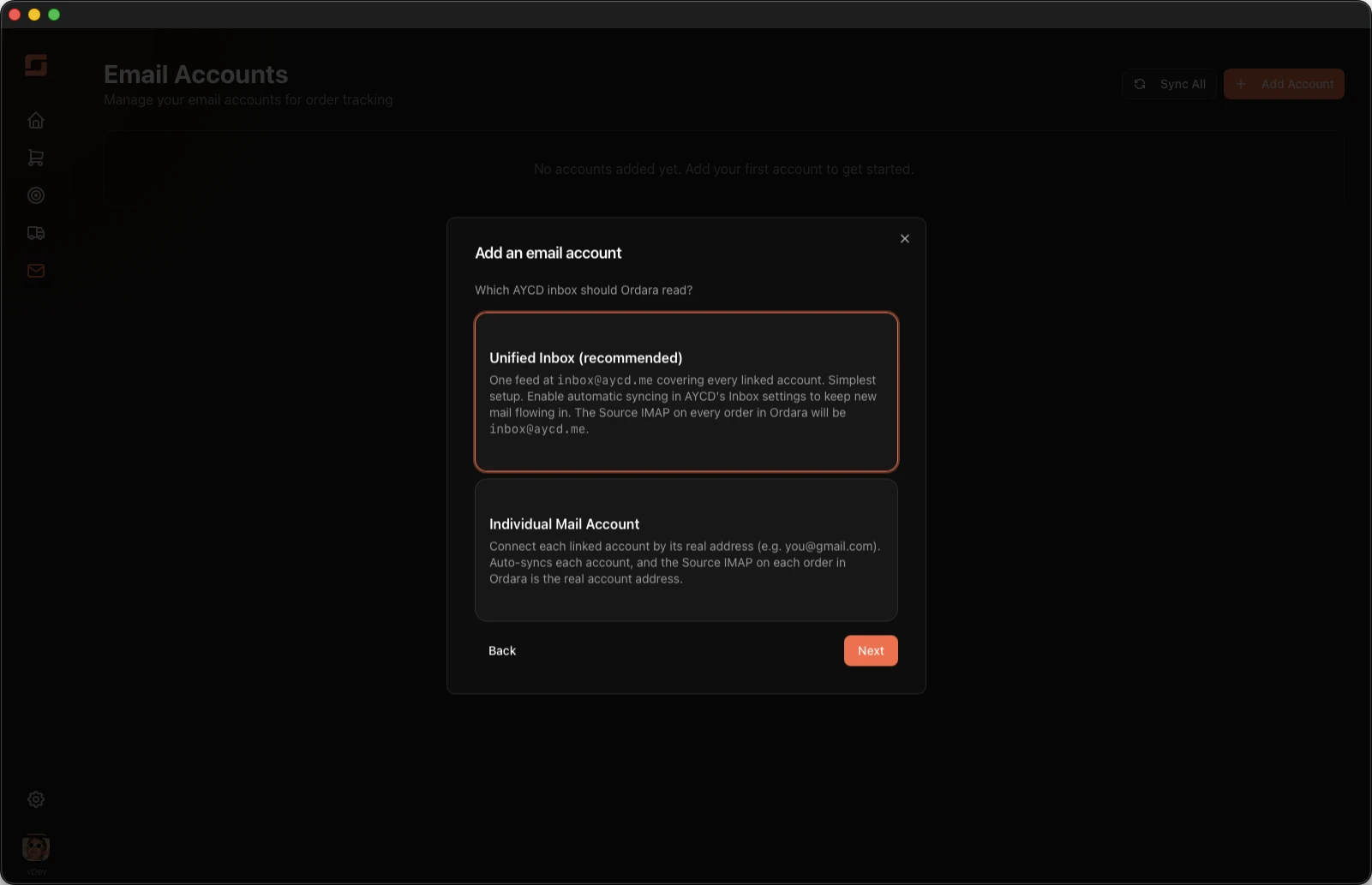 Wizard: choose Unified Inbox or Individual Mail Account